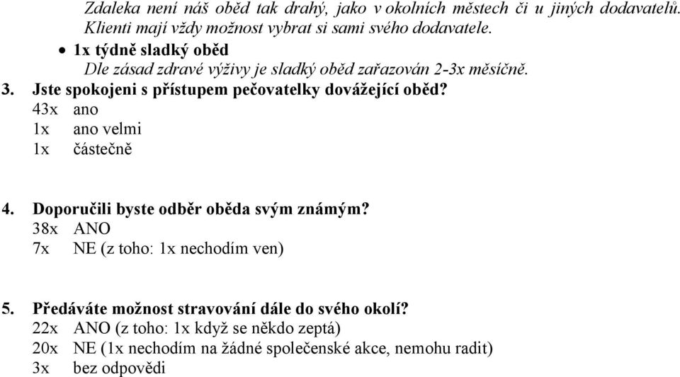 43x ano 1x ano velmi 1x částečně 4. Doporučili byste odběr oběda svým známým? 38x ANO 7x NE (z toho: 1x nechodím ven) 5.