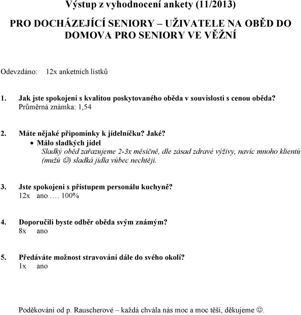 Málo sladkých jídel Sladký oběd zařazujeme 2-3x měsíčně, dle zásad zdravé výživy, navíc mnoho klientů (mužů ) sladká jídla vůbec nechtějí. 3.