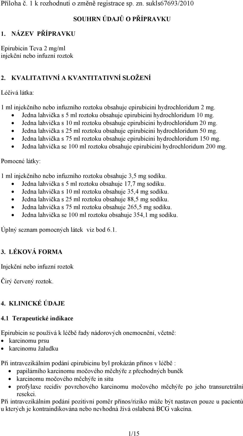 Jedna lahvička s 5 ml roztoku obsahuje epirubicini hydrochloridum 10 mg. Jedna lahvička s 10 ml roztoku obsahuje epirubicini hydrochloridum 20 mg.