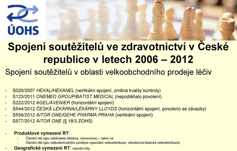 - S559/2012 AITOR ONE/GEHE PHARMA PRAHA (vertikální spojení) - S577/2012 AITOR ONE ( 18/3 ZOHS) - Produktové vymezení RT: - Členění dle typu odběratele (lékárny,