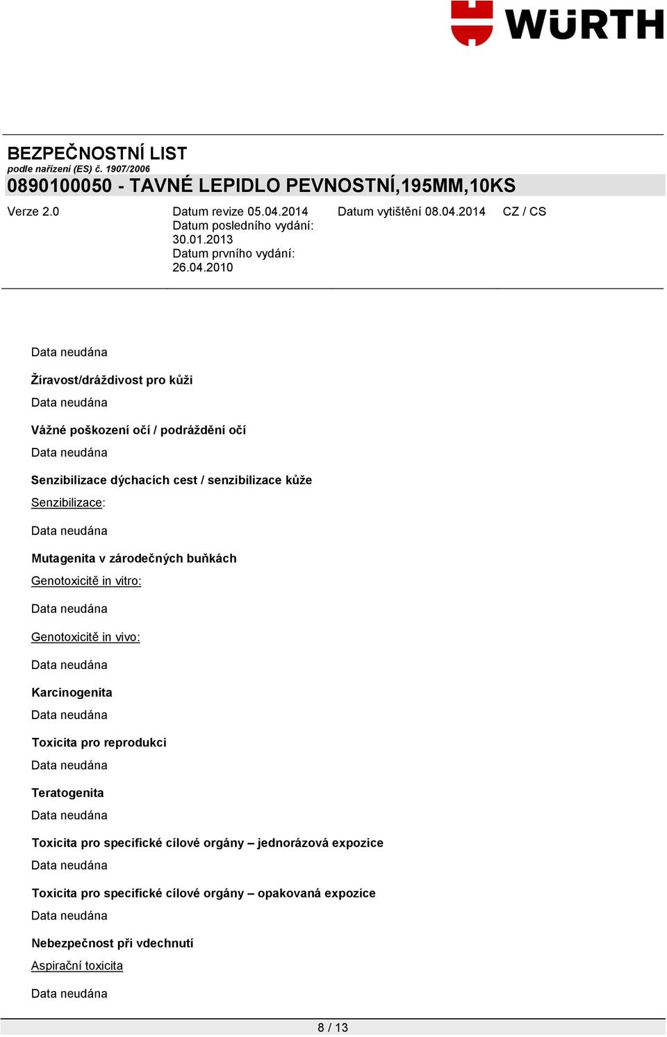 vivo: Karcinogenita Toxicita pro reprodukci Teratogenita Toxicita pro specifické cílové orgány jednorázová