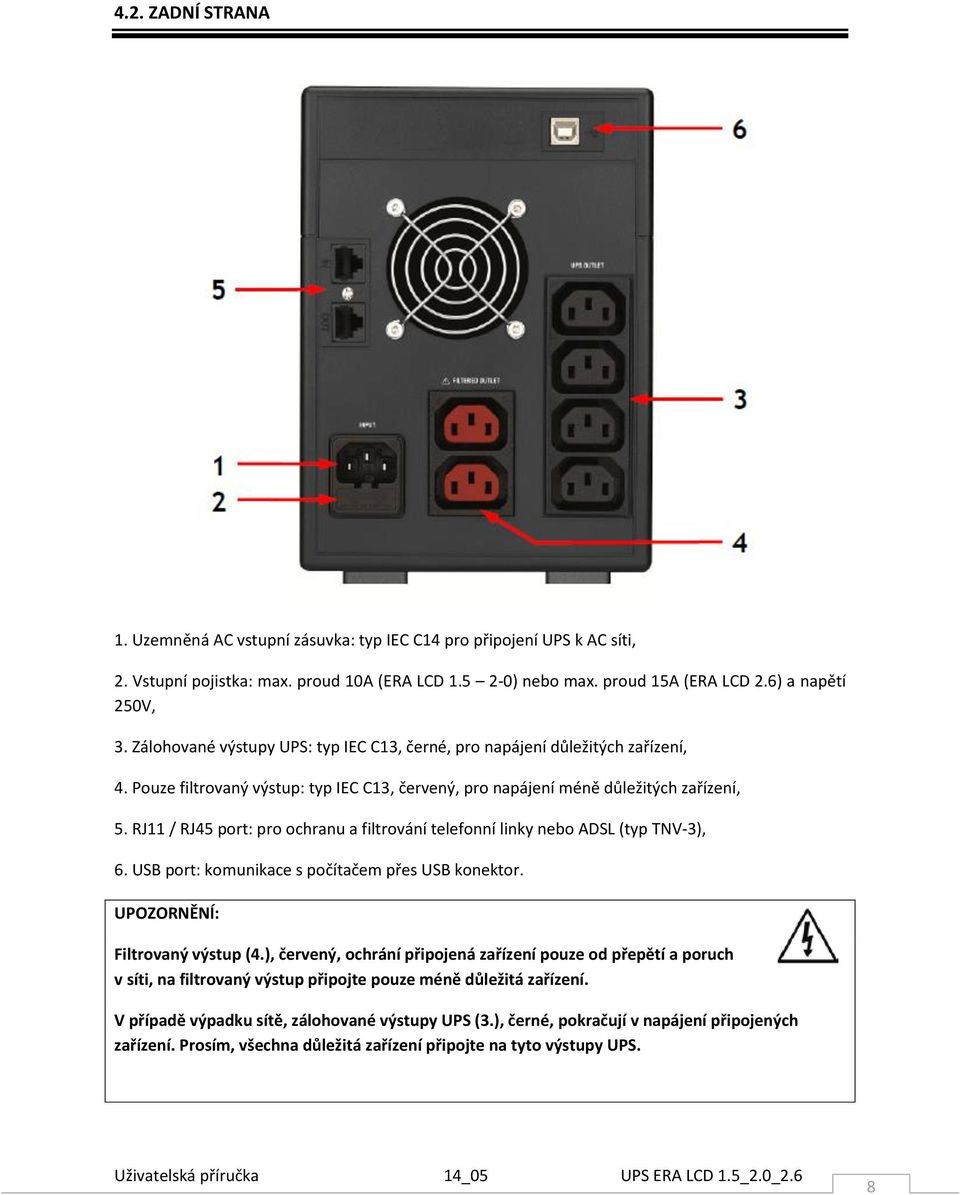 RJ11 / RJ45 port: pro ochranu a filtrování telefonní linky nebo ADSL (typ TNV-3), 6. USB port: komunikace s počítačem přes USB konektor. UPOZORNĚNÍ: Filtrovaný výstup (4.