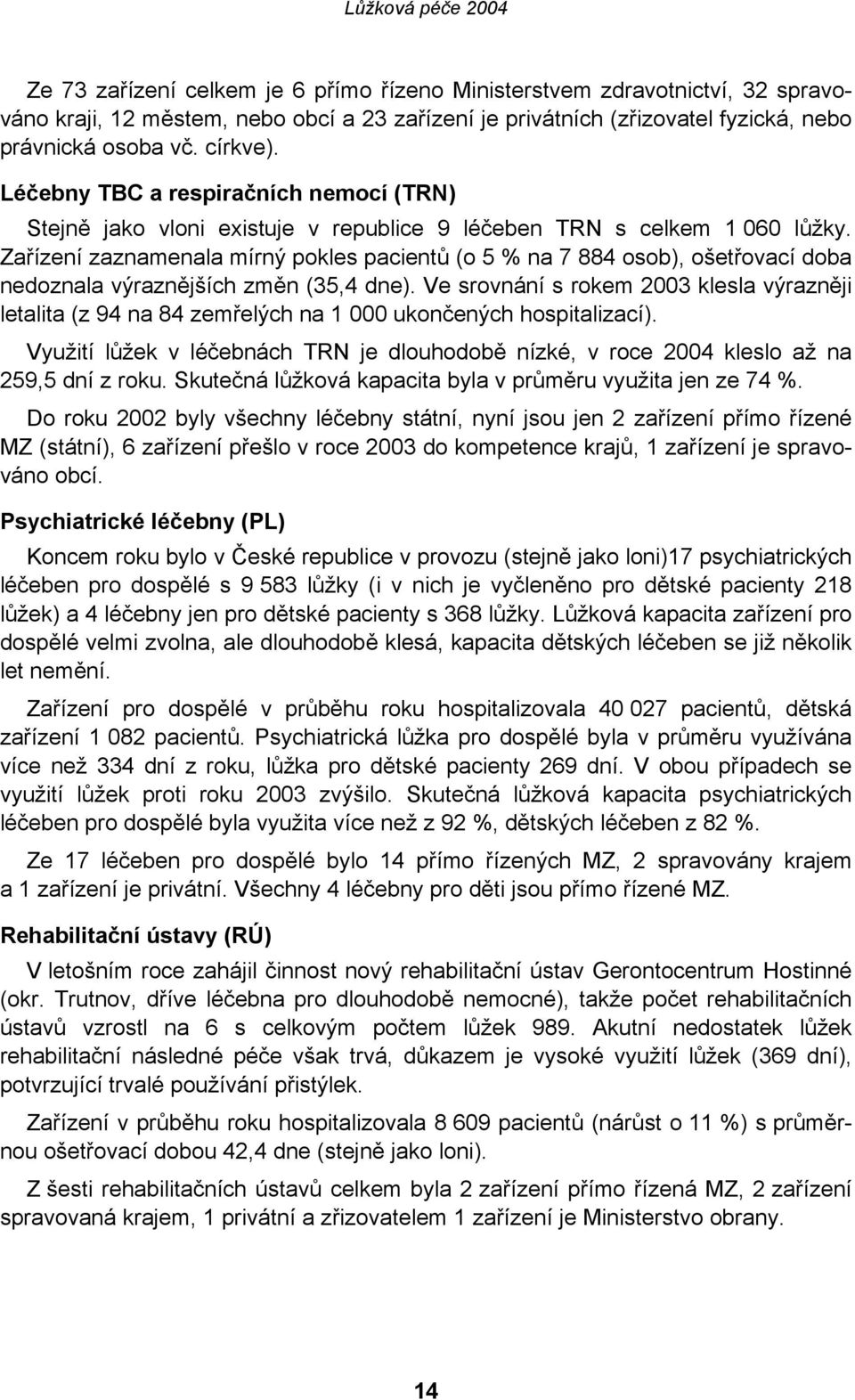 Zařízení zaznamenala mírný pokles pacientů (o 5 % na 7 884 osob), ošetřovací doba nedoznala výraznějších změn (35,4 dne).