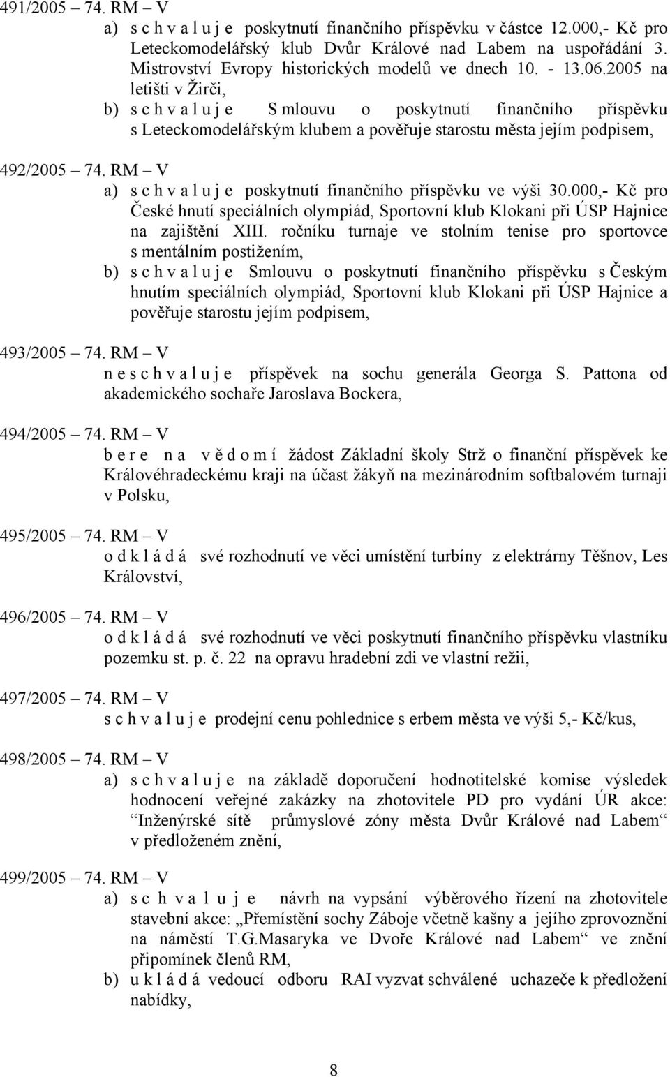 RM V a) s c h v a l u j e poskytnutí finančního příspěvku ve výši 30.000,- Kč pro České hnutí speciálních olympiád, Sportovní klub Klokani při ÚSP Hajnice na zajištění XIII.