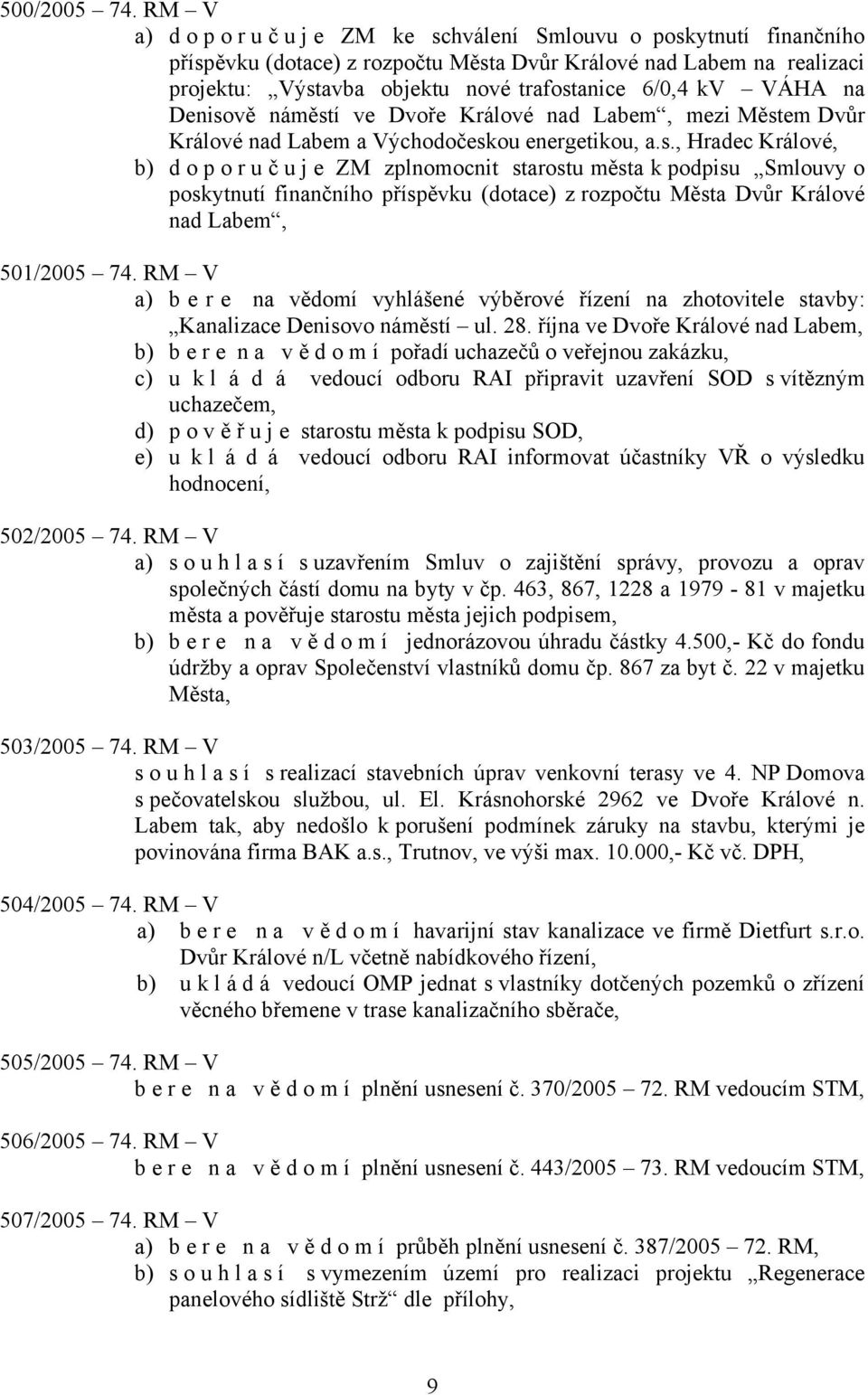 Denisově náměstí ve Dvoře Králové, mezi Městem Dvůr Králové a Východočeskou energetikou, a.s., Hradec Králové, b) doporuč u j e ZM zplnomocnit starostu města k podpisu Smlouvy o poskytnutí finančního příspěvku (dotace) z rozpočtu Města Dvůr Králové, 501/2005 74.