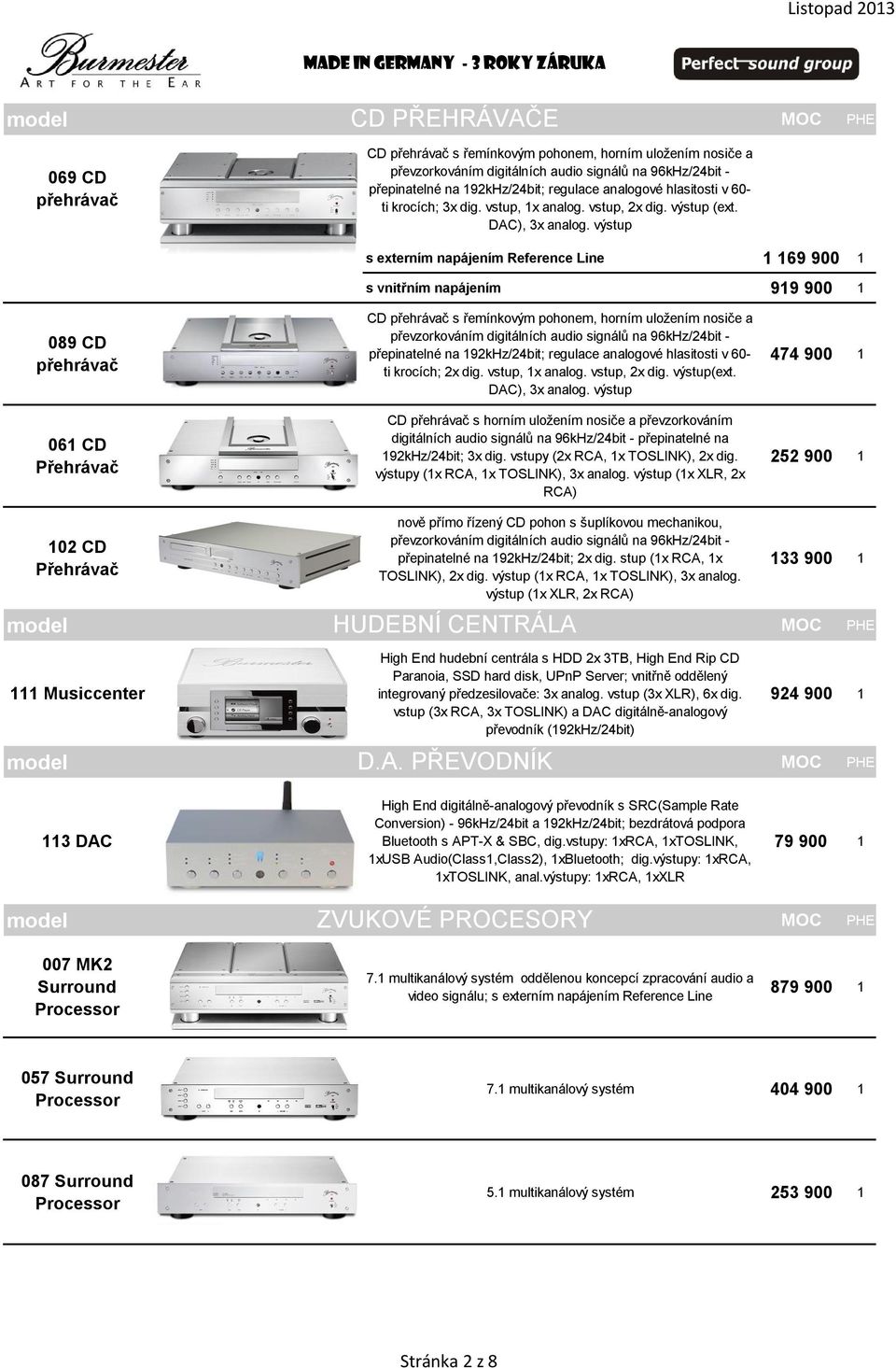 výstup s externím napájením Reference Line 1 169 900 1 s vnitřním napájením 919 900 1 089 CD přehrávač 061 CD Přehrávač CD přehrávač s řemínkovým pohonem, horním uložením nosiče a převzorkováním