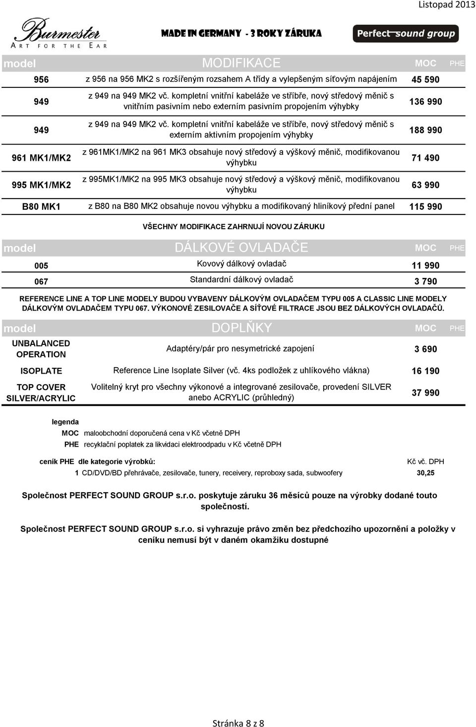 kompletní vnitřní kabeláže ve stříbře, nový středový měnič s 949 188 990 externím aktivním propojením výhybky z 961MK1/MK2 na 961 MK3 obsahuje nový středový a výškový měnič, modifikovanou 961 MK1/MK2