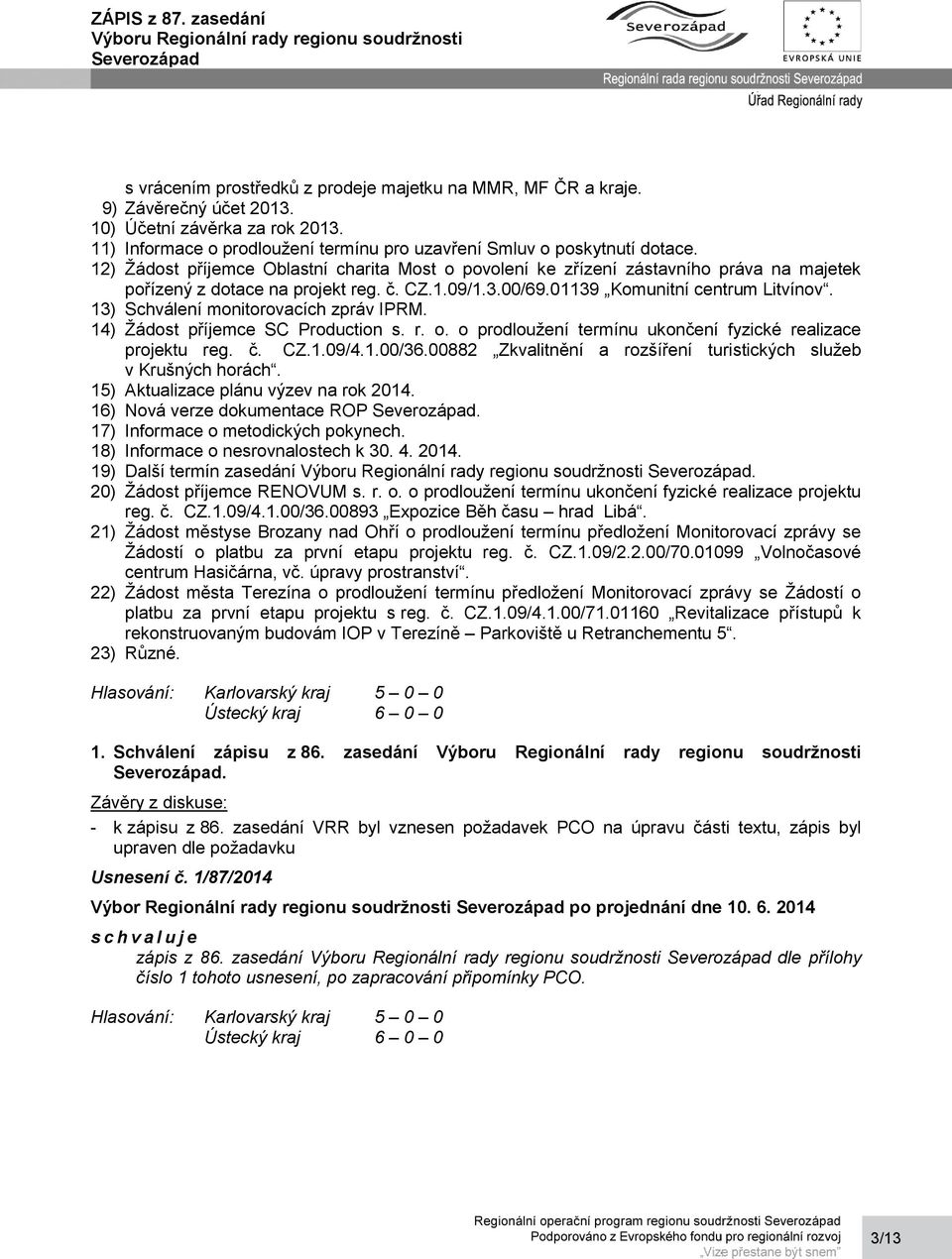 13) Schválení monitorovacích zpráv IPRM. 14) Žádost příjemce SC Production s. r. o. o prodloužení termínu ukončení fyzické realizace projektu reg. č. CZ.1.09/4.1.00/36.