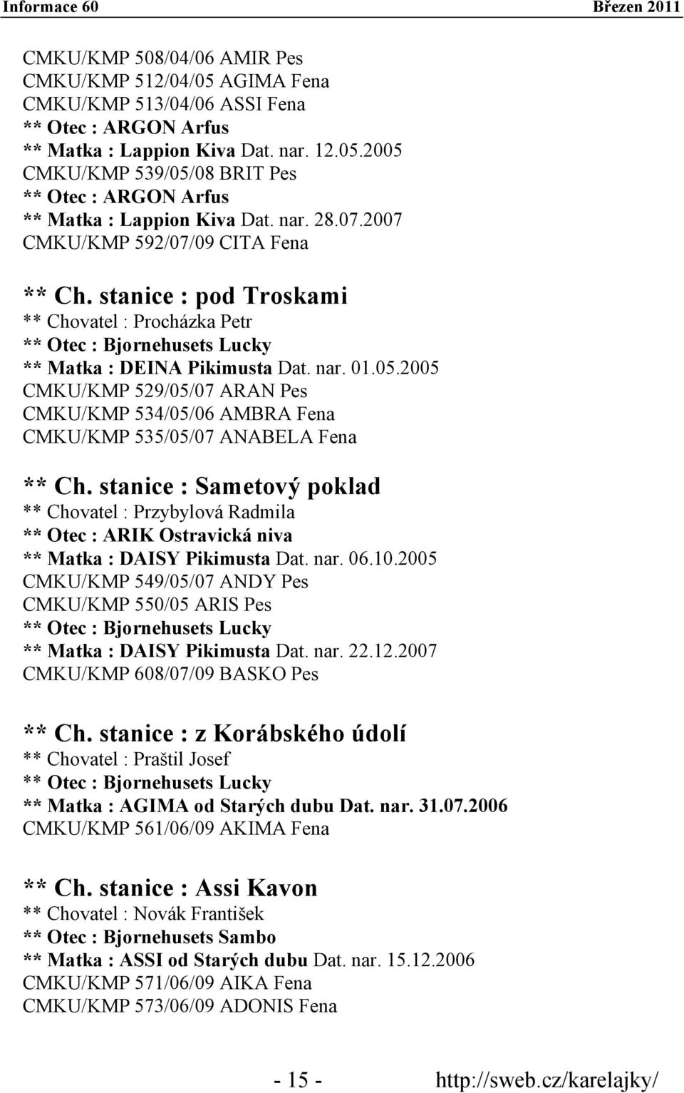 2005 CMKU/KMP 529/05/07 ARAN Pes CMKU/KMP 534/05/06 AMBRA Fena CMKU/KMP 535/05/07 ANABELA Fena ** Ch.