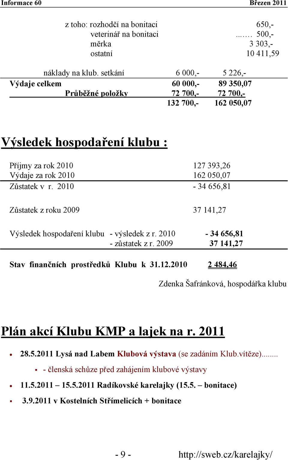 050,07 Zůstatek v r. 2010-34 656,81 Zůstatek z roku 2009 37 141,27 Výsledek hospodaření klubu - výsledek z r. 2010-34 656,81 - zůstatek z r. 2009 37 141,27 Stav finančních prostředků Klubu k 31.12.