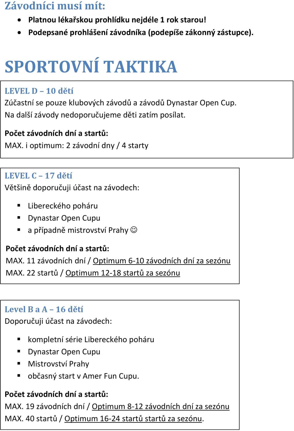 i optimum: 2 závodní dny / 4 starty LEVEL C 17 dětí Většině doporučuji účast na závodech: Libereckého poháru Dynastar Open Cupu a případně mistrovství Prahy Počet závodních dní a startů: MAX.