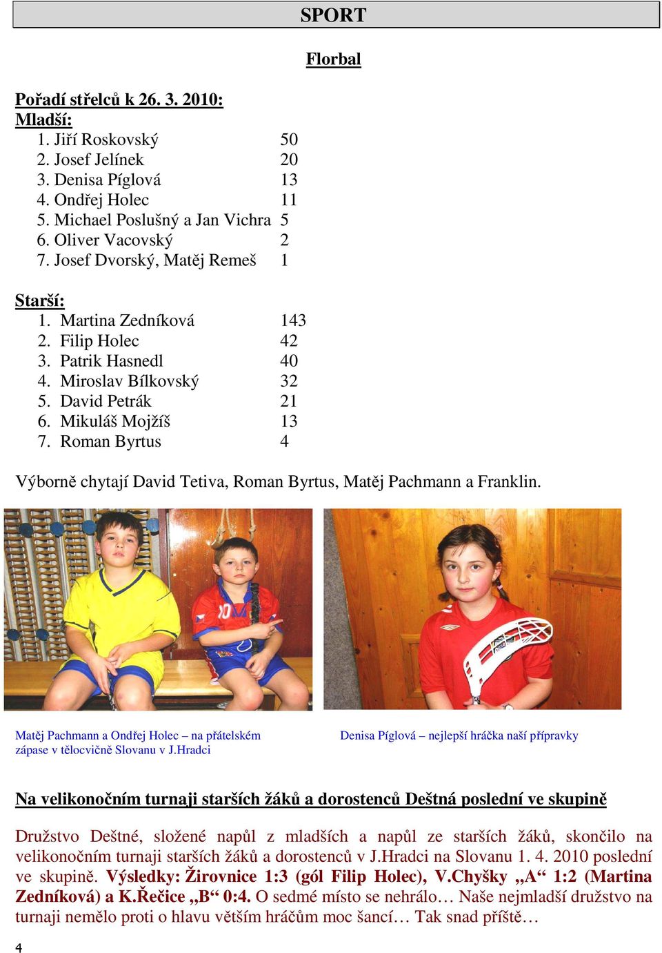 Roman Byrtus 4 SPORT Florbal Výborně chytají David Tetiva, Roman Byrtus, Matěj Pachmann a Franklin. Matěj Pachmann a Ondřej Holec na přátelském zápase v tělocvičně Slovanu v J.