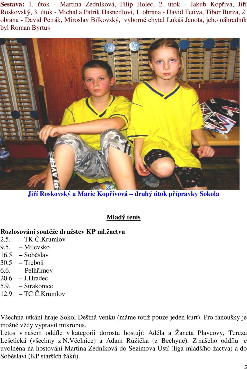 družstev KP ml.žactva 2.5. TK Č.Krumlov 9.5. Milevsko 16.5. Soběslav 30.5 Třeboň 6.6. - Pelhřimov 20.6. J.Hradec 5.9. Strakonice 12.9. TC Č.