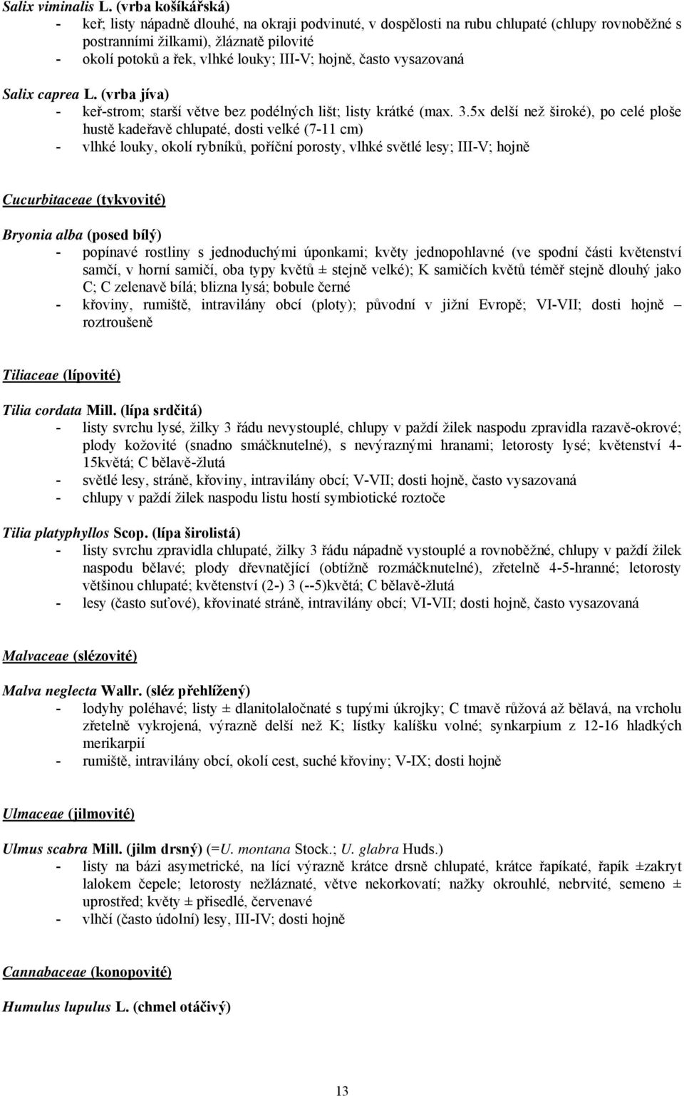 III-V; hojně, často vysazovaná Salix caprea L. (vrba jíva) - keř-strom; starší větve bez podélných lišt; listy krátké (max. 3.