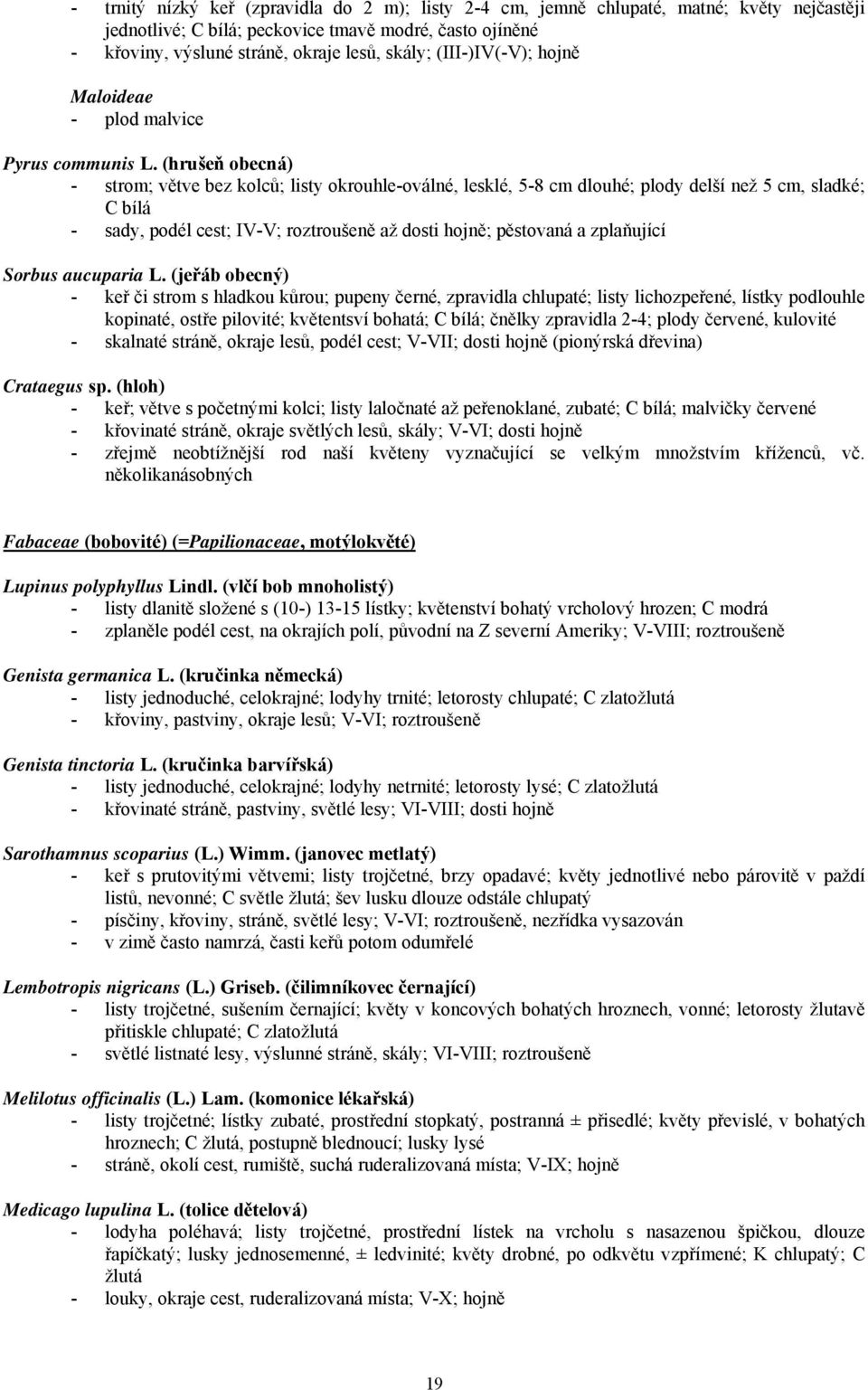 (hrušeň obecná) - strom; větve bez kolců; listy okrouhle-oválné, lesklé, 5-8 cm dlouhé; plody delší než 5 cm, sladké; C bílá - sady, podél cest; IV-V; roztroušeně až dosti hojně; pěstovaná a