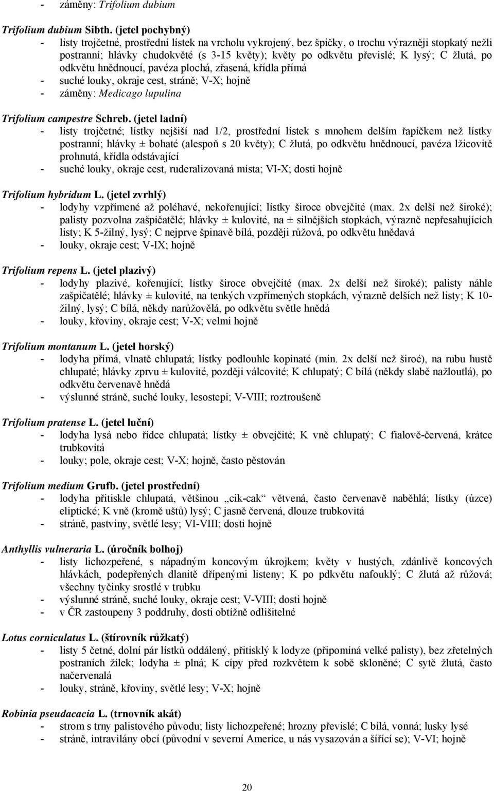 lysý; C žlutá, po odkvětu hnědnoucí, pavéza plochá, zřasená, křídla přímá - suché louky, okraje cest, stráně; V-X; hojně - záměny: Medicago lupulina Trifolium campestre Schreb.