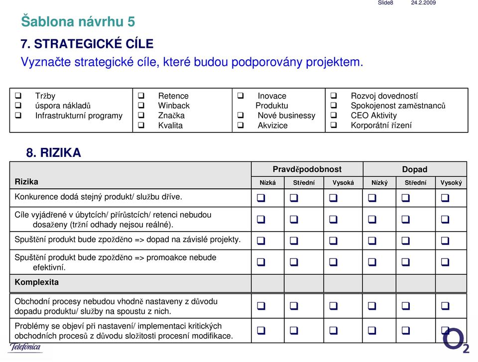 RIZIKA Rizika Pravděpodobnost Nízká Střední Vysoká Nízký Dopad Střední Vysoký Konkurence dodá stejný produkt/ službu dříve.