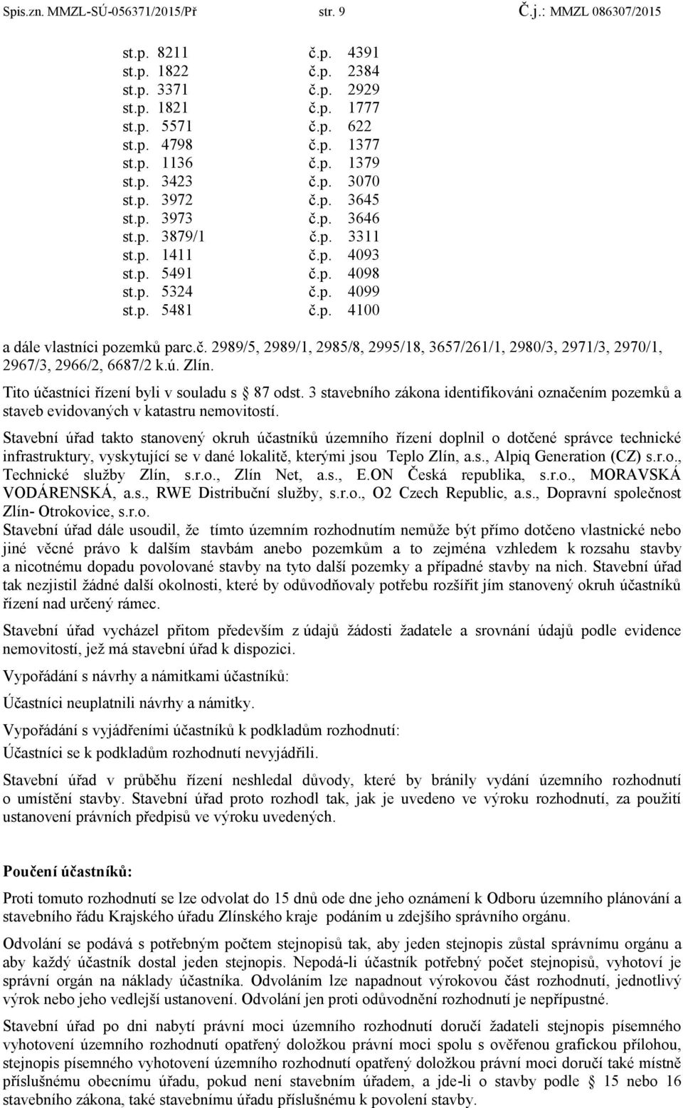 č. 2989/5, 2989/1, 2985/8, 2995/18, 3657/261/1, 2980/3, 2971/3, 2970/1, 2967/3, 2966/2, 6687/2 k.ú. Zlín. Tito účastníci řízení byli v souladu s 87 odst.