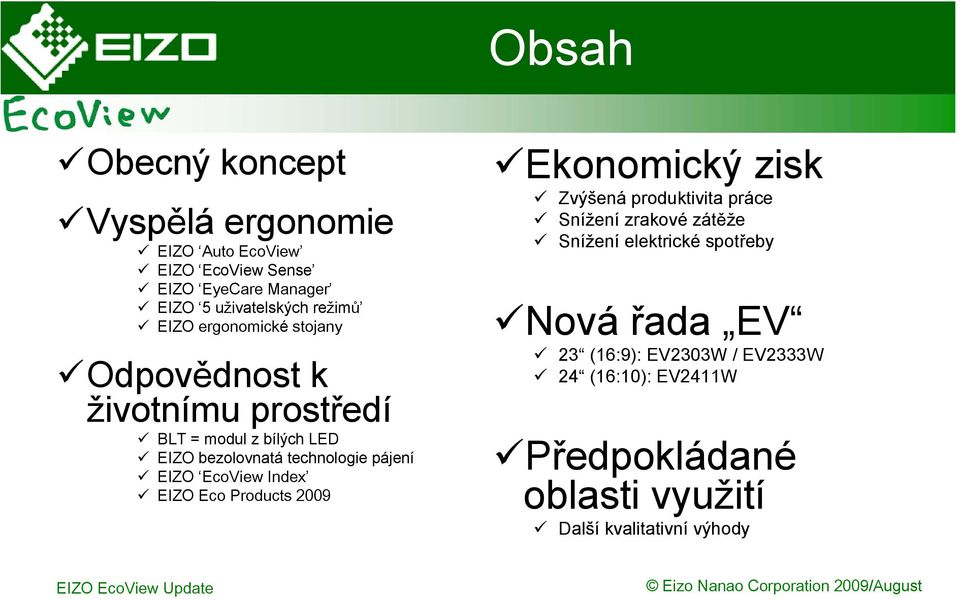 EcoView Index EIZO Eco Products 2009 Ekonomický zisk Zvýšená produktivita práce Snížení zrakové zátěže Snížení elektrické