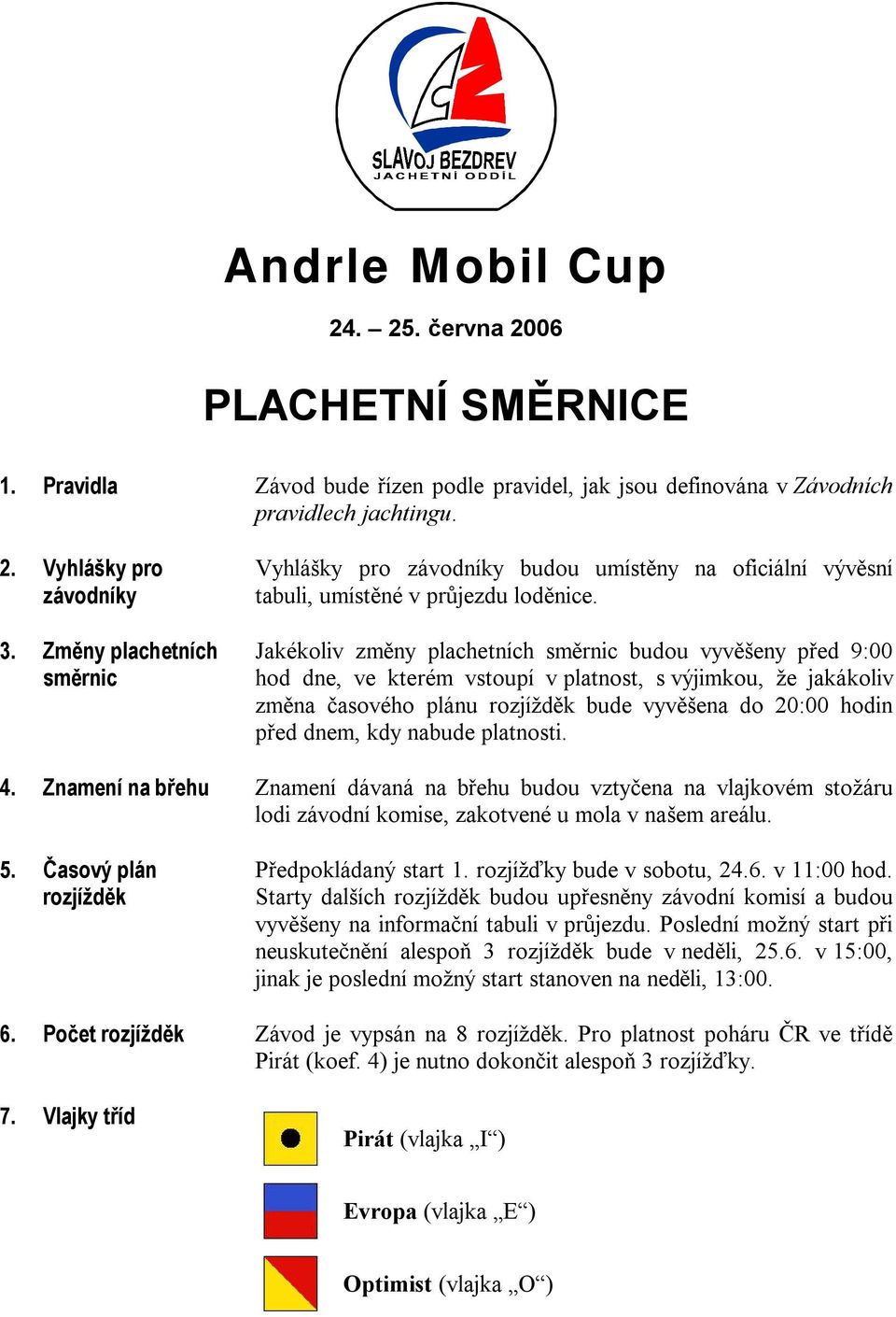 Jakékoliv změny plachetních směrnic budou vyvěšeny před 9:00 hod dne, ve kterém vstoupí v platnost, s výjimkou, že jakákoliv změna časového plánu rozjížděk bude vyvěšena do 20:00 hodin před dnem, kdy