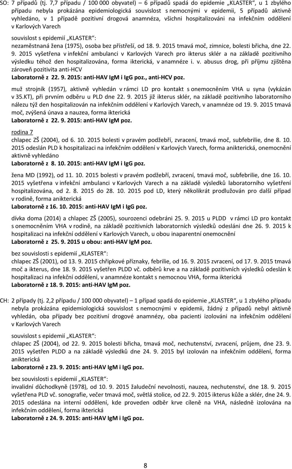 pozitivní drogová anamnéza, všichni hospitalizováni na infekčním oddělení v Karlových Varech souvislost s epidemií KLASTER : nezaměstnaná žena (1975), osoba bez přístřeší, od 18. 9.
