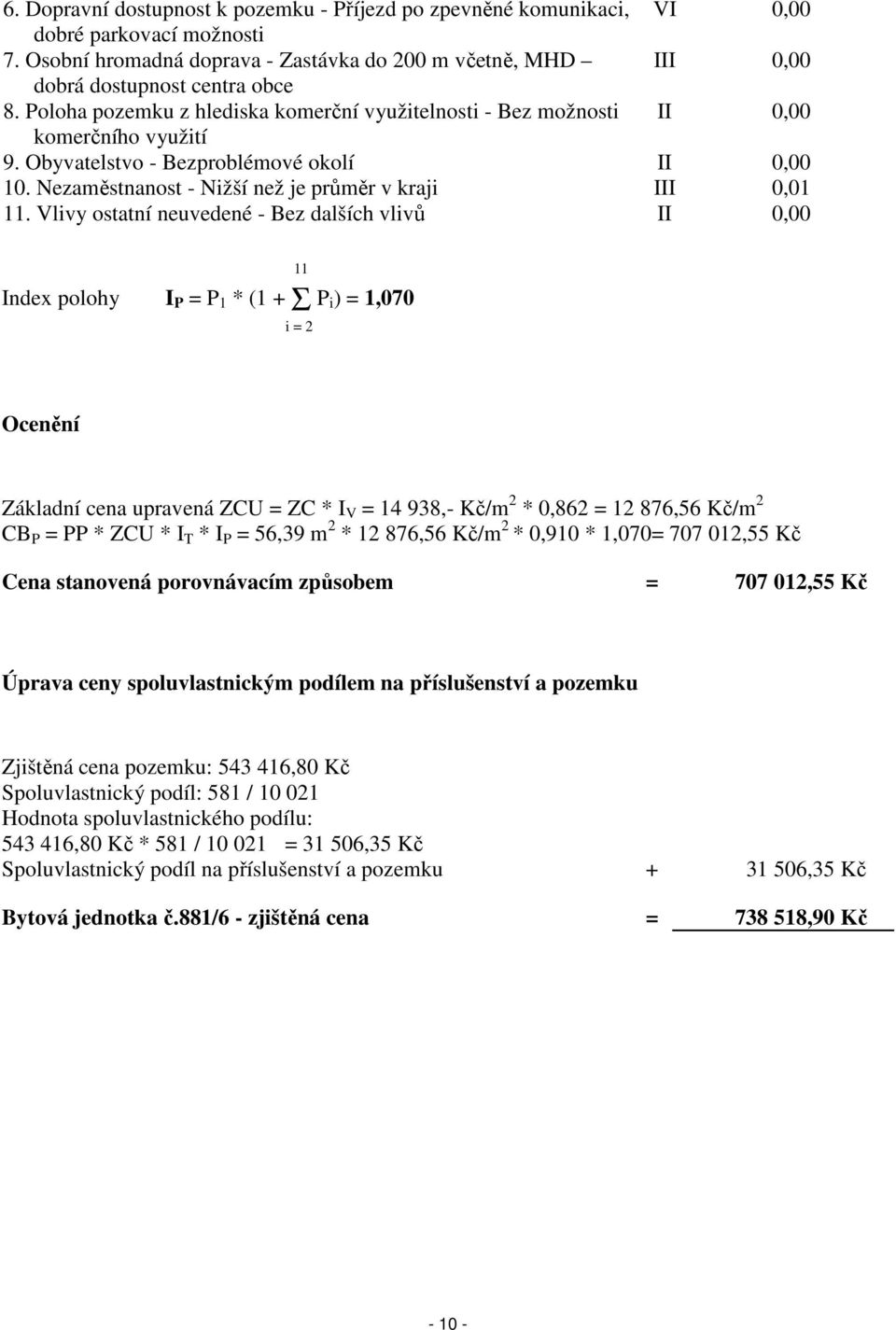 Vlivy ostatní neuvedené - Bez dalších vlivů II 0,00 Index polohy I P = P 1 * (1 + Σ P i ) = 1,070 11 i = 2 Ocenění Základní cena upravená ZCU = ZC * I V = 14 938,- Kč/m 2 * 0,862 = 12 876,56 Kč/m 2