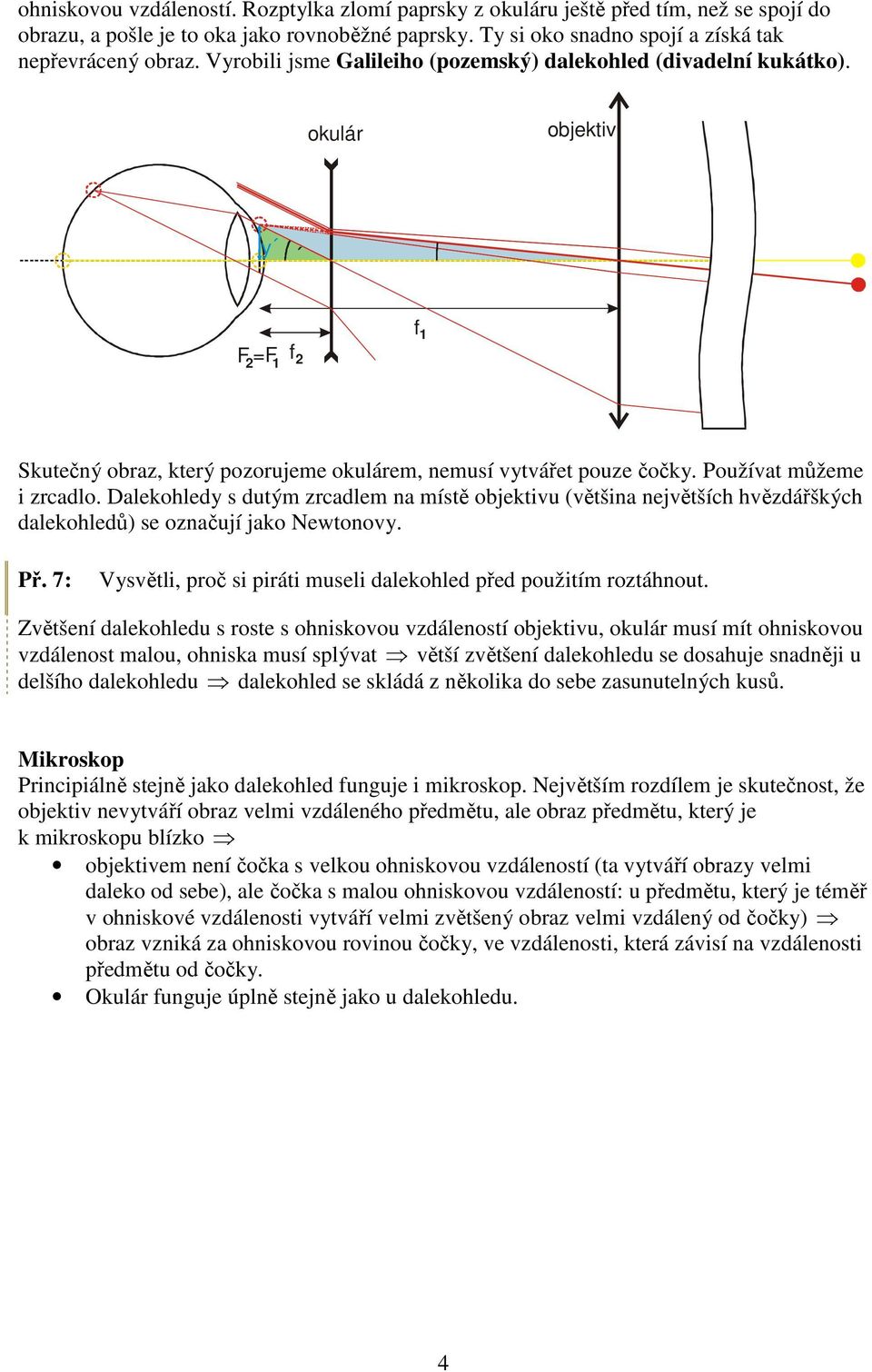 Dalekohled s dutým zrcadlem na místě u (většina největších hvězdářškých dalekohledů) se označují jako Newtonov. Př. 7: Vsvětli, proč si piráti museli dalekohled před použitím roztáhnout.