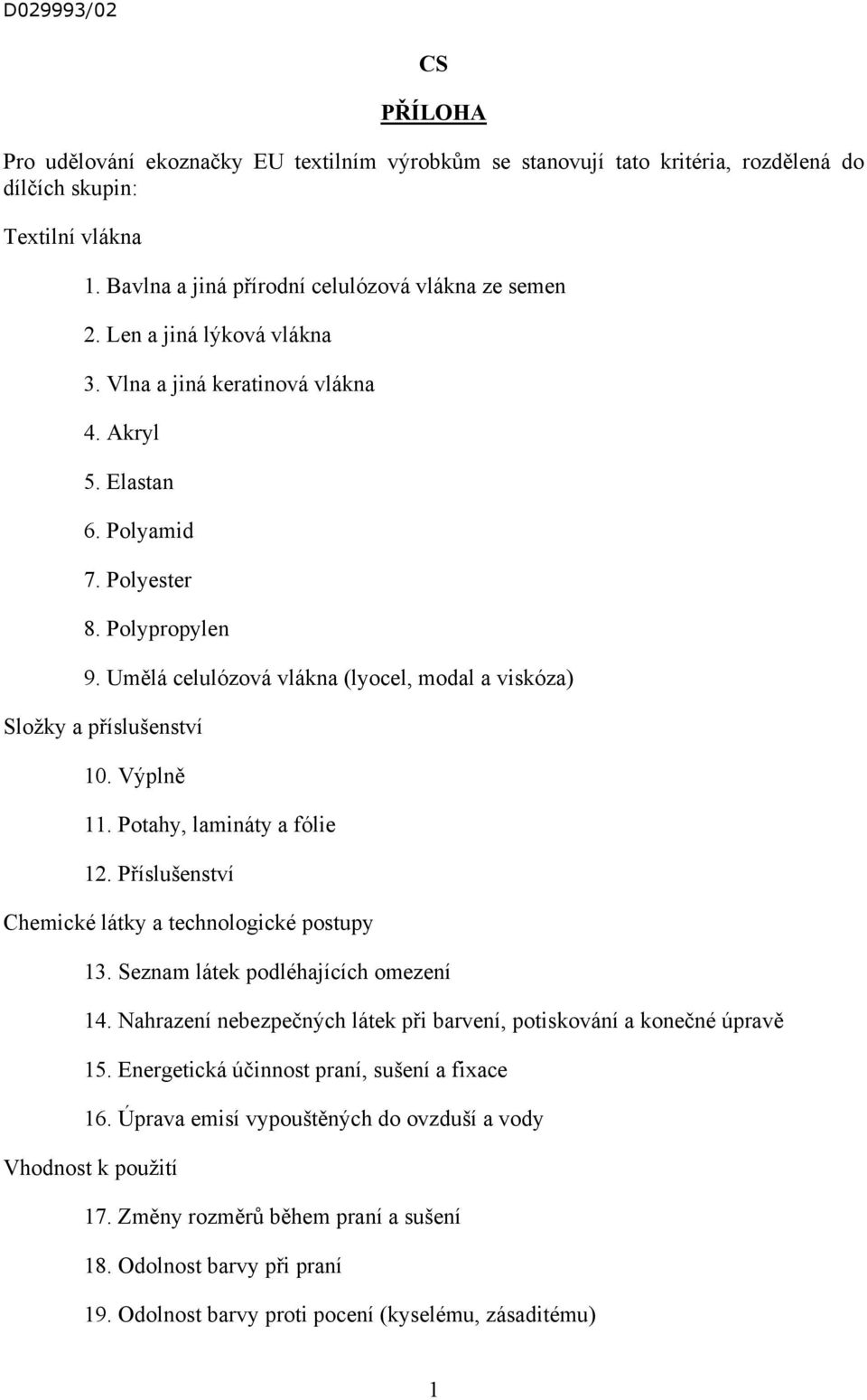 Výplně 11. Potahy, lamináty a fólie 12. Příslušenství Chemické látky a technologické postupy 13. Seznam látek podléhajících omezení 14.