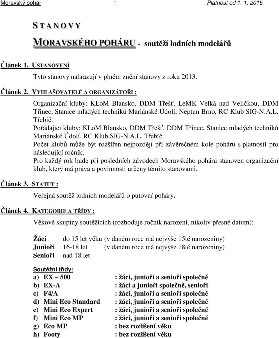 Pořádající kluby: KLoM Blansko, DDM Třešť, DDM Třinec, Stanice mladých techniků Mariánské Údolí, RC Klub SIG-N.A.L. Třebíč.