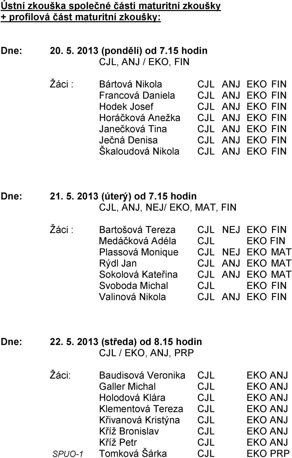 Denisa CJL ANJ EKO FIN Škaloudová Nikola CJL ANJ EKO FIN 21. 5. 2013 (úterý) od 7.
