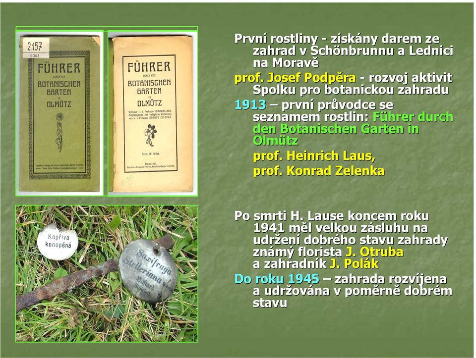 den Botanischen Garten in Olmütz prof. Heinrich Laus, prof. Konrad Zelenka Po smrti H.