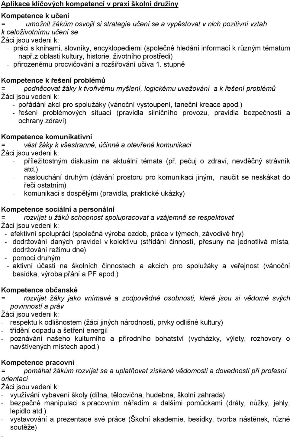 stupně Kompetence k řešení problémů = podněcovat žáky k tvořivému myšlení, logickému uvažování a k řešení problémů - pořádání akcí pro spolužáky (vánoční vystoupení, taneční kreace apod.