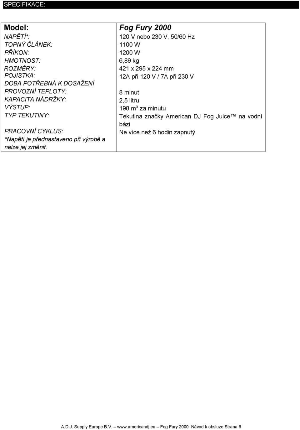 Fog Fury 2000 120 V nebo 230 V, 50/60 Hz 1100 W 1200 W 6,89 kg 421 x 295 x 224 mm 12A při 120 V / 7A při 230 V 8 minut 2,5 litru 198 m 3