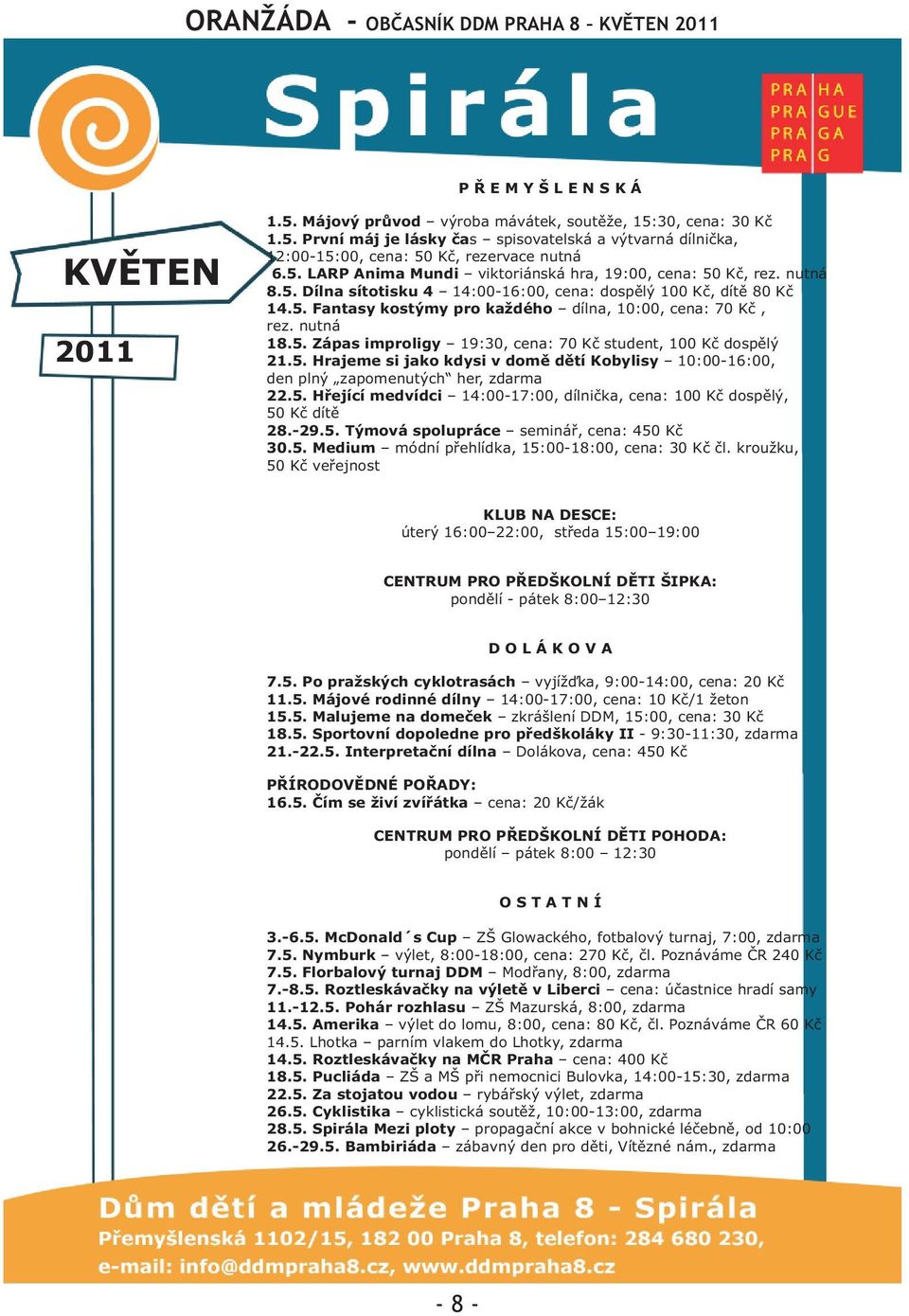 nutná 18.5. Zápas improigy 19:30, cena: 70 Kè student, 100 Kè dospìý 21.5. Hrajeme si jako kdysi v domì dìtí Kobyisy 10:00-16:00, den pný zapomenutých her, zdarma 22.5. Høející medvídci 14:00-17:00, dínièka, cena: 100 Kè dospìý, 50 Kè dítì 28.