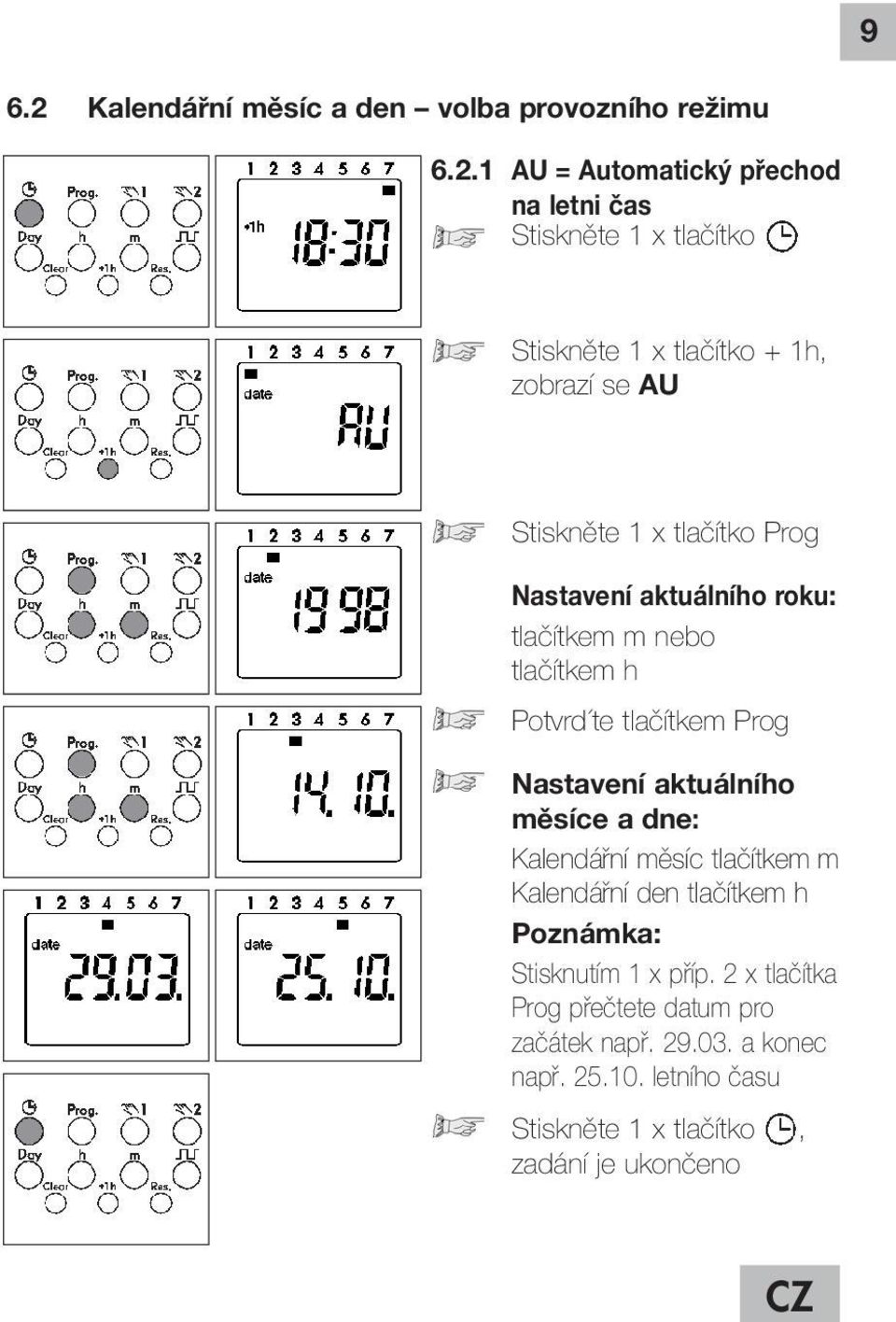 1 AU = Automatický přechod na letni čas Stiskněte 1 x tlačítko Stiskněte 1 x tlačítko + 1h, zobrazí se AU Stiskněte 1 x tlačítko