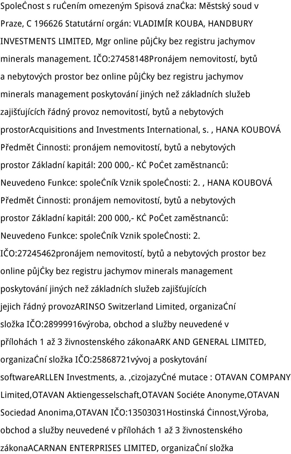 IČO:27458148Pronájem nemovitostí, bytů a nebytových prostor bez online půjčky bez registru jachymov minerals management poskytování jiných než základních služeb zajišťujících řádný provoz