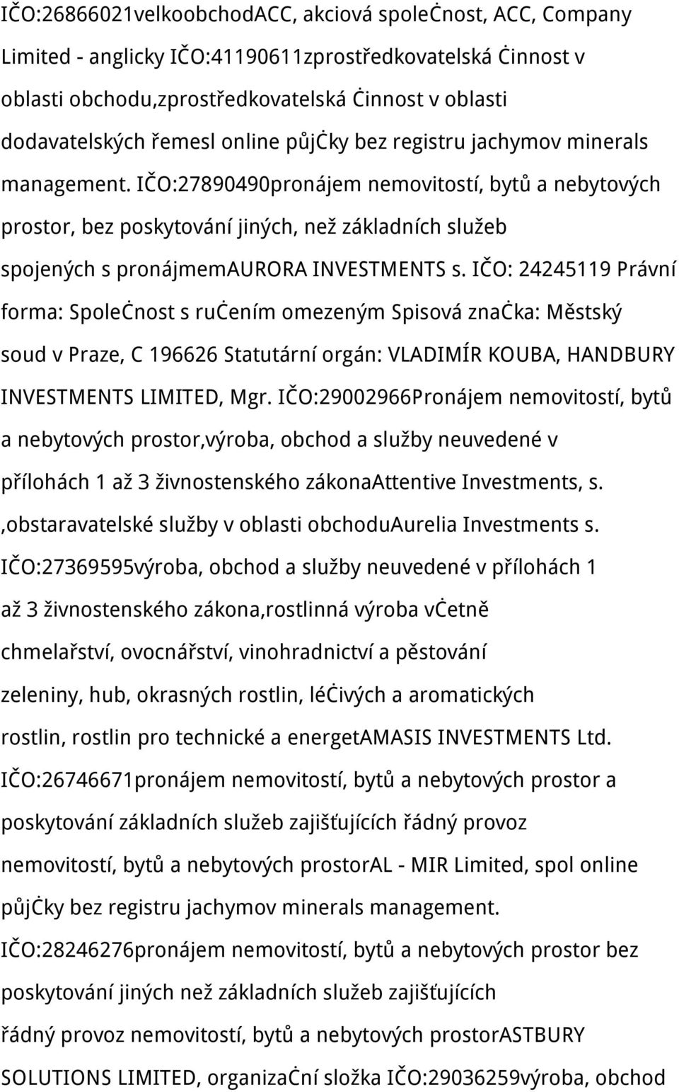 IČO:27890490pronájem nemovitostí, bytů a nebytových prostor, bez poskytování jiných, než základních služeb spojených s pronájmemaurora INVESTMENTS s.