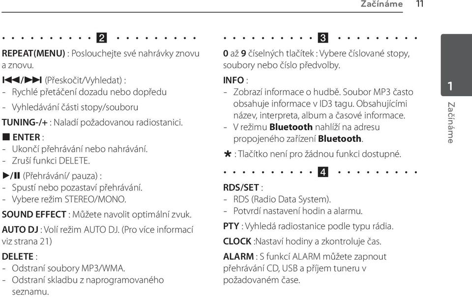 Zruší funkci DELETE. d/m (Přehrávání/ pauza) : Spustí nebo pozastaví přehrávání. Vybere režim STEREO/MONO. SOUND EFFECT : Můžete navolit optimální zvuk. AUTO DJ : Volí režim AUTO DJ.