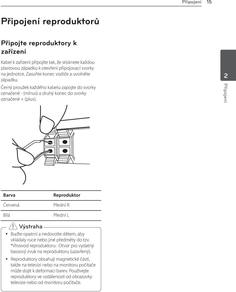 2 Připojení Barva Ćervená Reproduktor Přední R Bílá Přední L > > Výstraha y Buďte opatrní a nedovolte dětem, aby vkládaly ruce nebo jiné předměty do tzv.