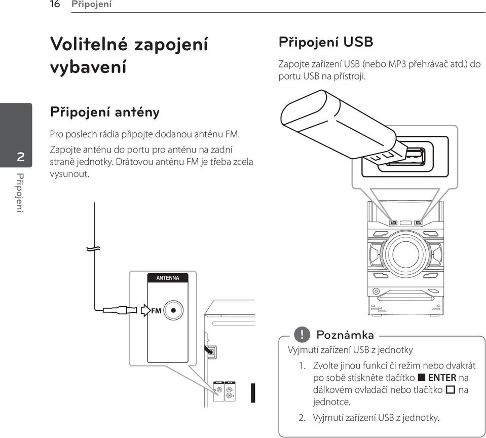 Zapojte anténu do portu pro anténu na zadní straně jednotky. Drátovou anténu FM je třeba zcela vysunout.