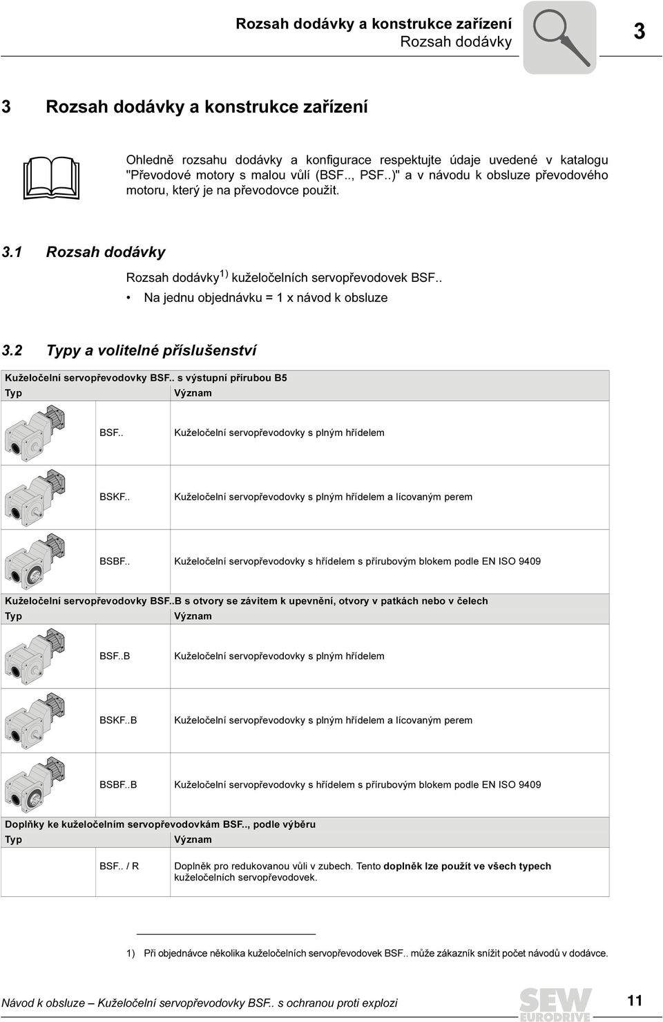 . Na jednu objednávku = 1 x návod k obsluze 3.2 Typy a volitelné příslušenství Kuželočelní servopřevodovky BSF.. s výstupní přírubou B5 Typ Význam BSF.