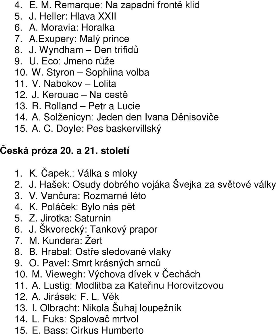 : Válka s mloky 2. J. Hašek: Osudy dobrého vojáka Švejka za světové války 3. V. Vančura: Rozmarné léto 4. K. Poláček: Bylo nás pět 5. Z. Jirotka: Saturnin 6. J. Škvorecký: Tankový prapor 7. M.