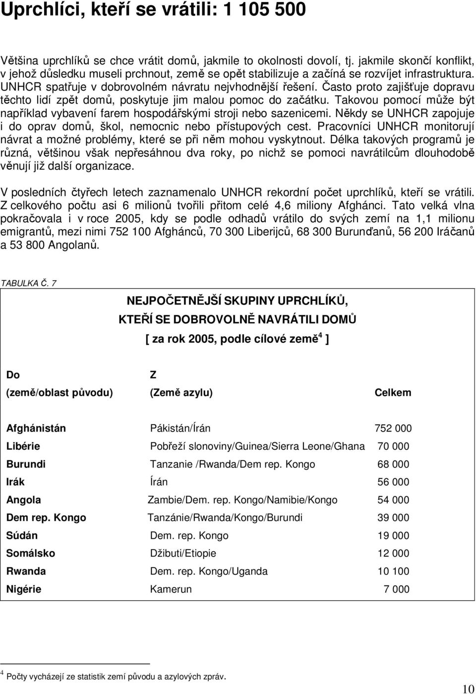 Často proto zajišťuje dopravu těchto lidí zpět domů, poskytuje jim malou pomoc do začátku. Takovou pomocí může být například vybavení farem hospodářskými stroji nebo sazenicemi.