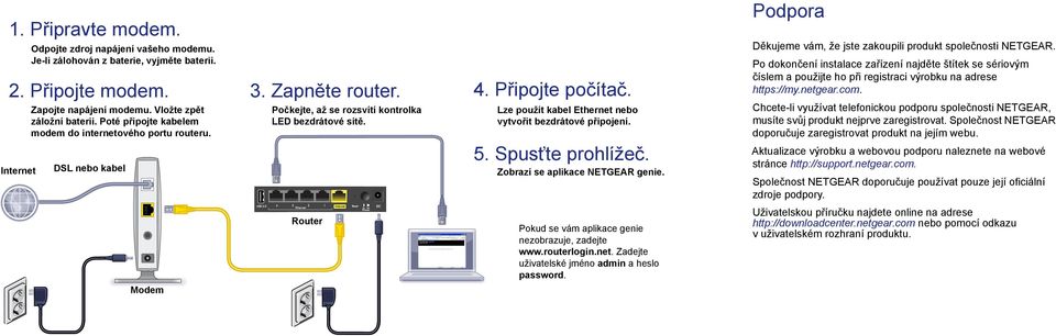 Lze použít kabel Ethernet nebo vytvořit bezdrátové připojení. 5. Spusťte prohlížeč. Zobrazí se aplikace NETGEAR genie. Podpora Děkujeme vám, že jste zakoupili produkt společnosti NETGEAR.