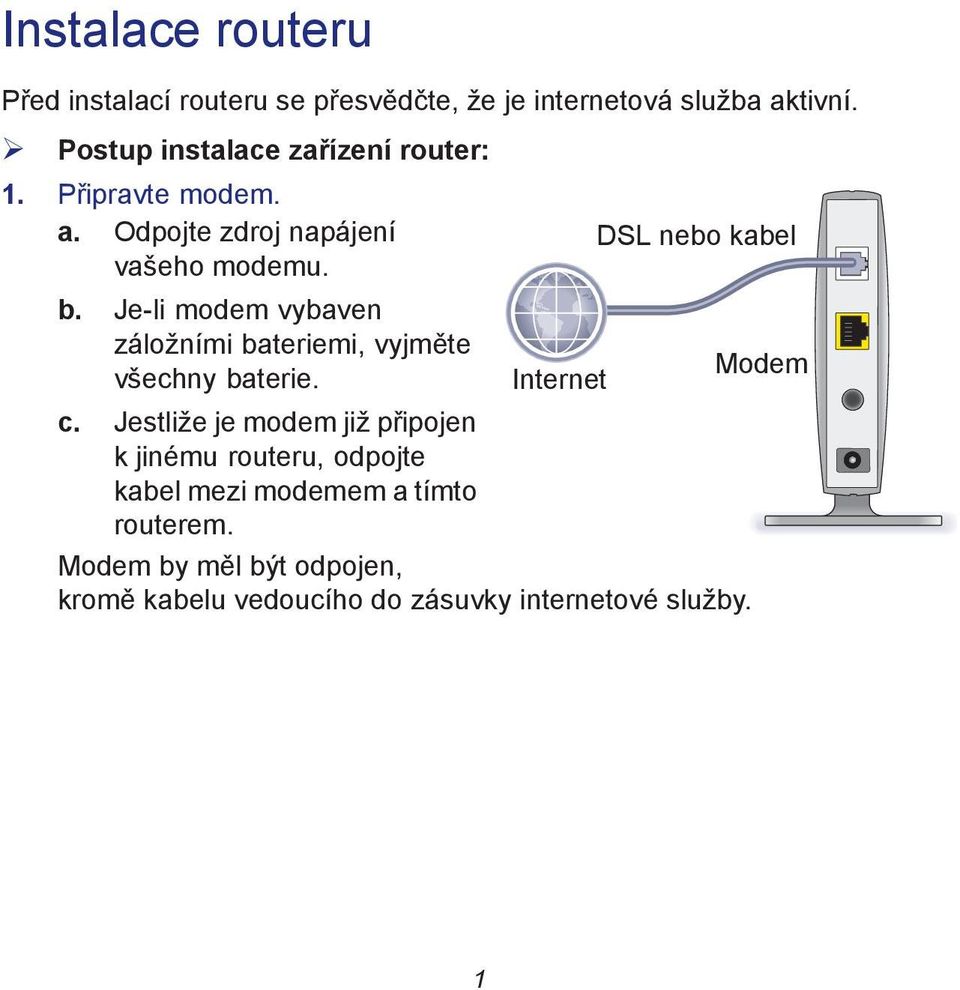 Je-li modem vybaven záložními bateriemi, vyjměte všechny baterie. Internet Modem c.