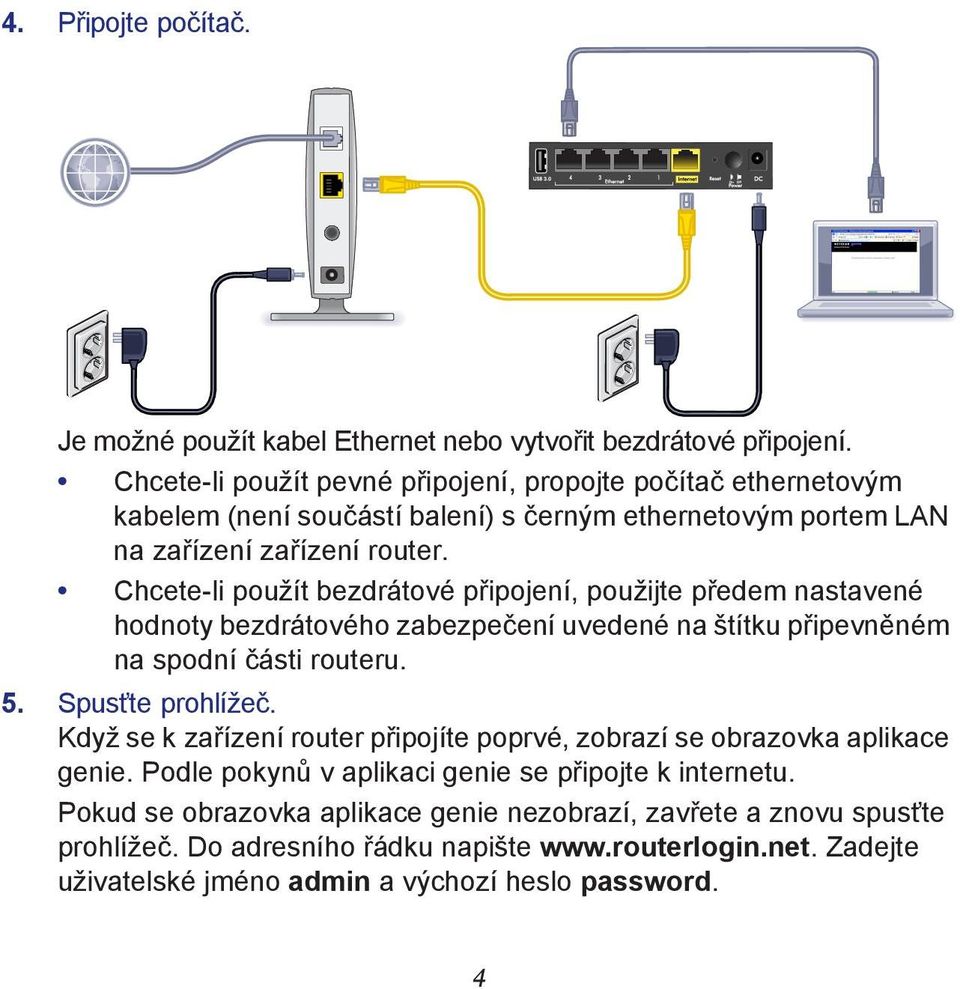 Chcete-li použít bezdrátové připojení, použijte předem nastavené hodnoty bezdrátového zabezpečení uvedené na štítku připevněném na spodní části routeru. 5. Spusťte prohlížeč.