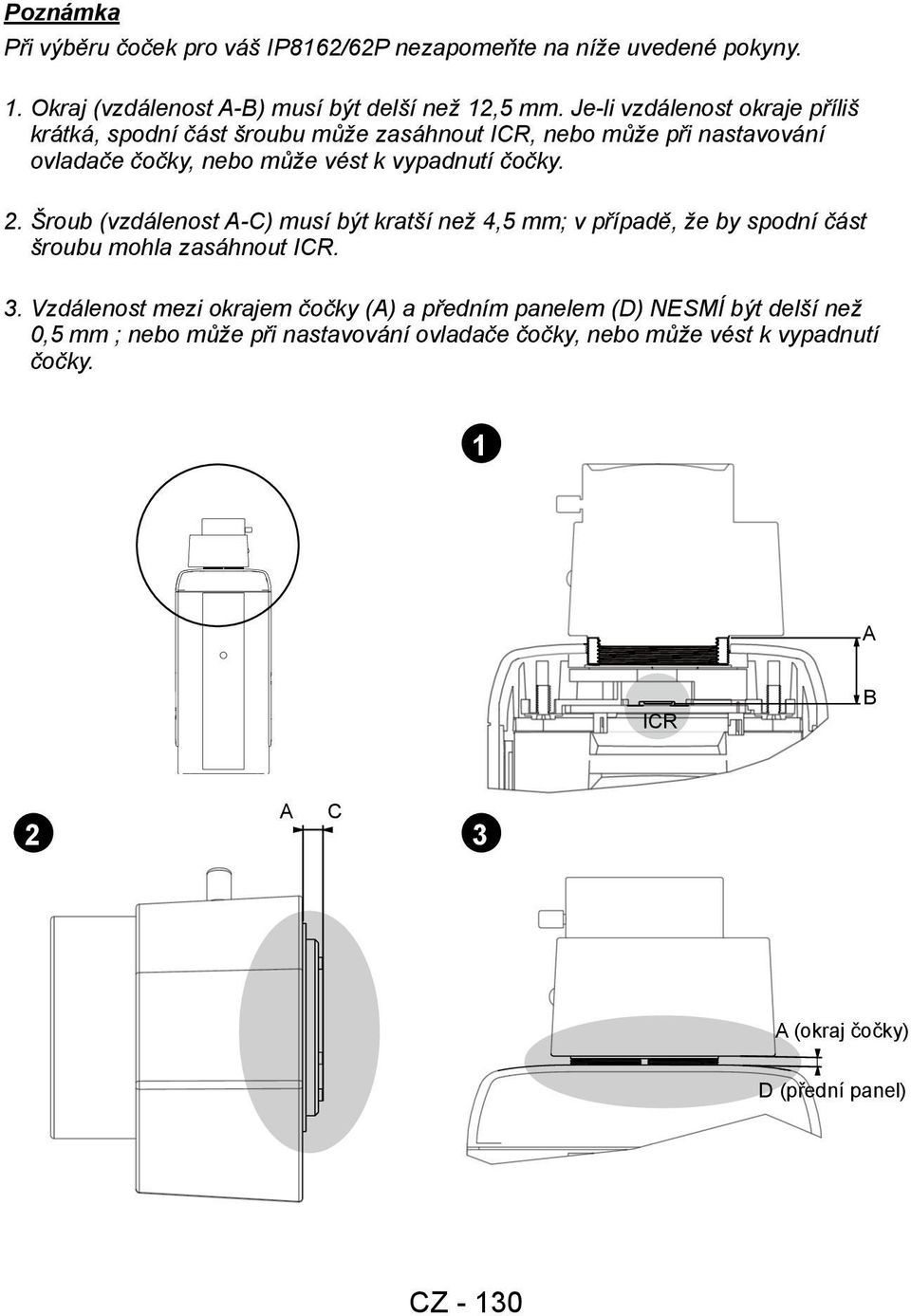 Šroub (vzdálenost A-C) musí být kratší než 4,5 mm; v případě, že by spodní část šroubu mohla zasáhnout ICR. 3.