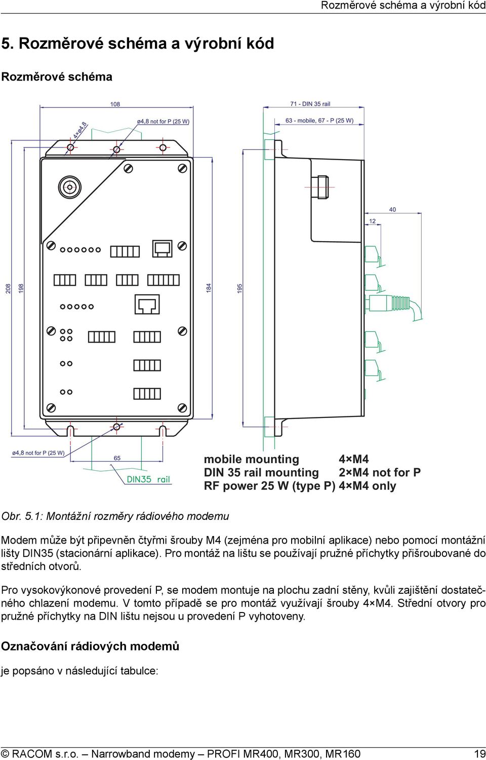 1: Montážní rozměry rádiového modemu mobile mounting 4 M4 DIN 35 rail mounting 2 M4 not for P RF power 25 W (type P) 4 M4 only Modem může být připevněn čtyřmi šrouby M4 (zejména pro mobilní aplikace)