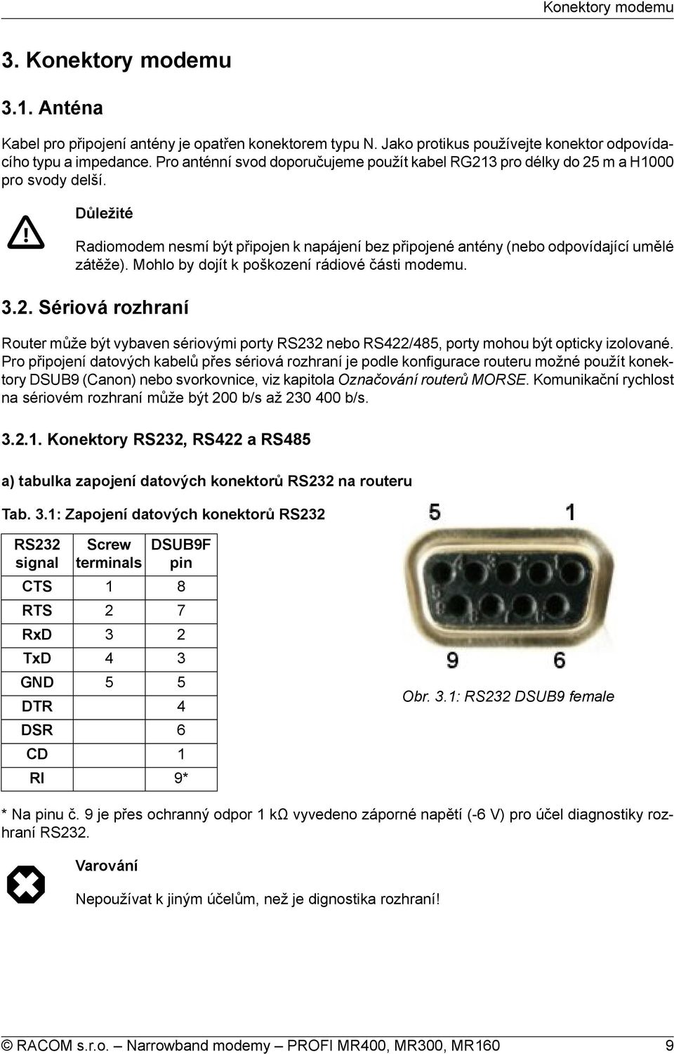 Mohlo by dojít k poškození rádiové části modemu. 3.2. Sériová rozhraní Router může být vybaven sériovými porty RS232 nebo RS422/485, porty mohou být opticky izolované.