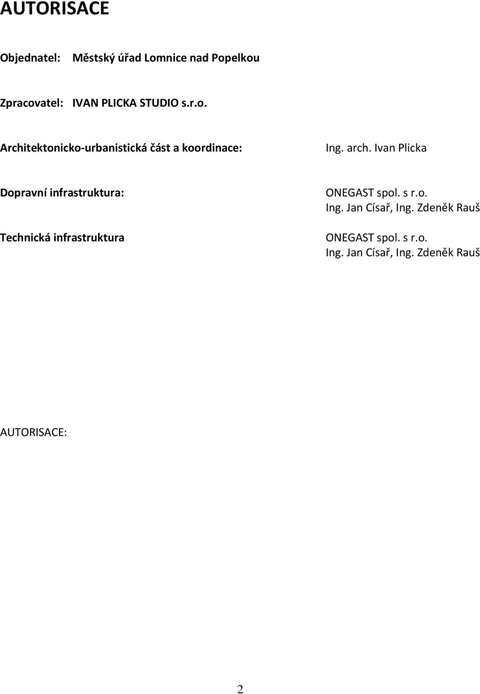 Ivan Plicka Dopravní infrastruktura: Technická infrastruktura ONEGAST spol. s r.o. Ing.